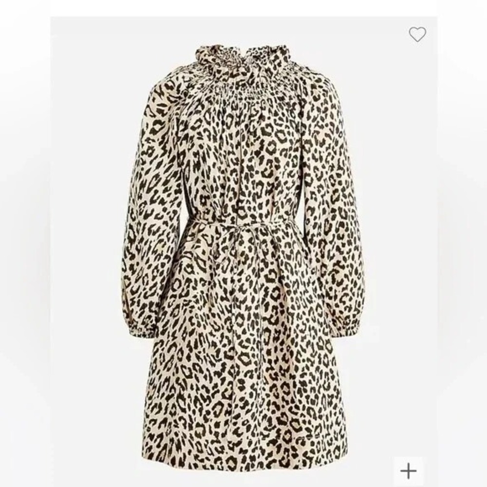 NWT J Crew Leopard Ruffle Neck Belted Shift Dress Cotton Poplin XS 2 4 6 Animal
